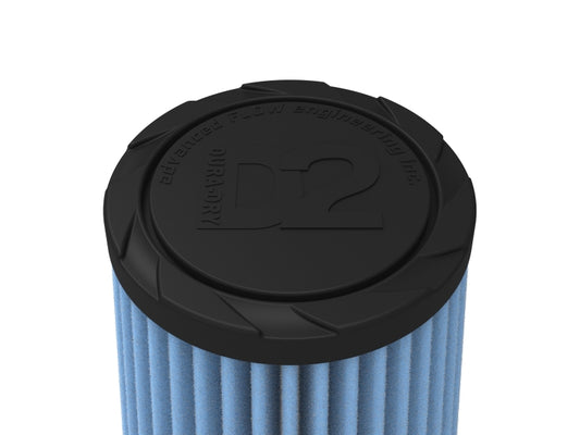 aFe POWER universal clamp-on air filter with D2 Dura-Dry media, 3-inch inlet, 5-inch base, 3.5-inch top, and 7-inch height