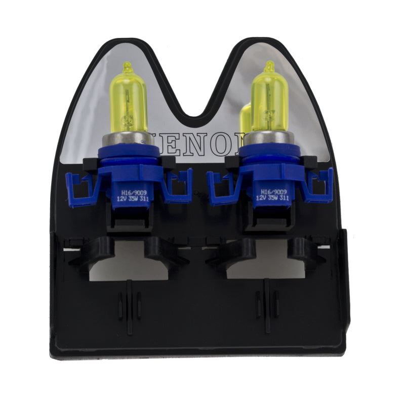 Pair of Hella H16/9009 12V 35W Xen Pure Yellow XY bulbs for automotive headlights, showing the yellow-tinted bulb design.
