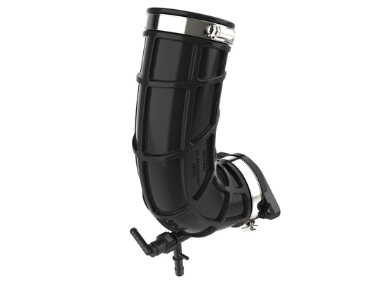 aFe Turbo Inlet Pipe showing smooth metal surface and inlet openings for improved airflow and performance.
