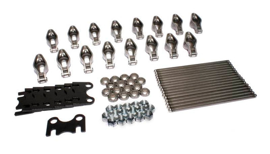 COMP Cams Rocker Arm and Pushrod Kit CS 1.5 showing metallic rocker arms and pushrods for engine performance.