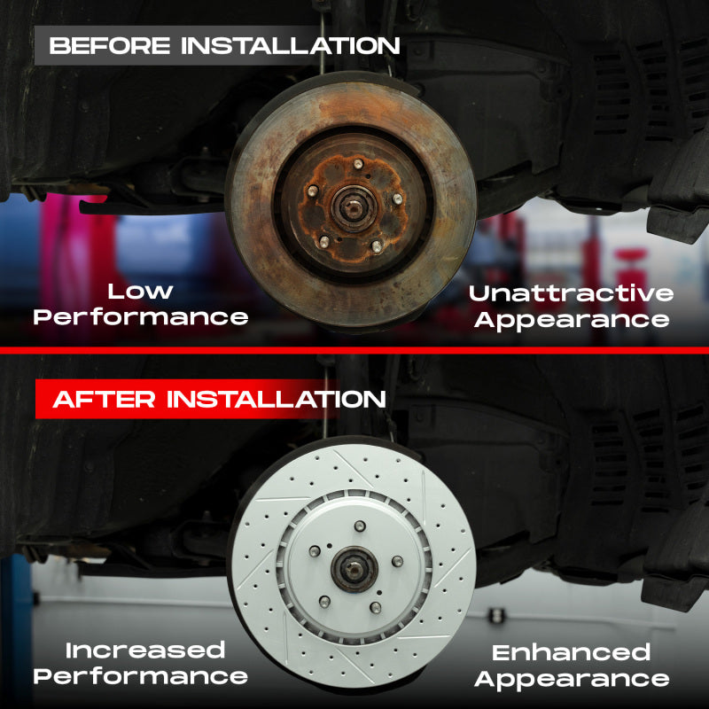R1 Concepts carbon-coated front brake rotors with drilled and slotted design for Nissan Sentra 2013-2019, with orange brake pads visible.