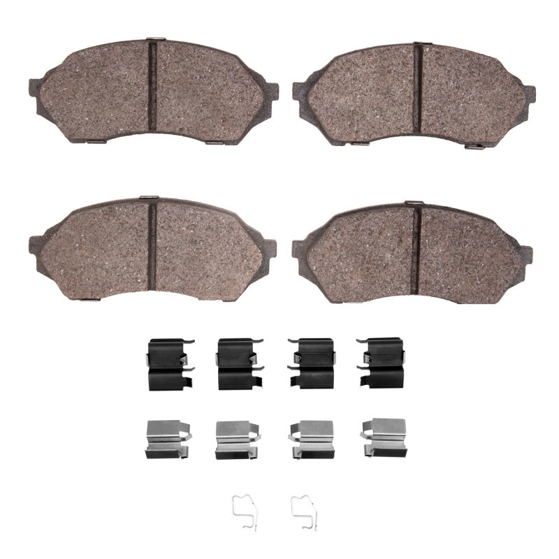 R1 Concepts Mazda Protege 1999-2001 front OE semi-metallic brake pads and hardware kit installed on vehicle.
