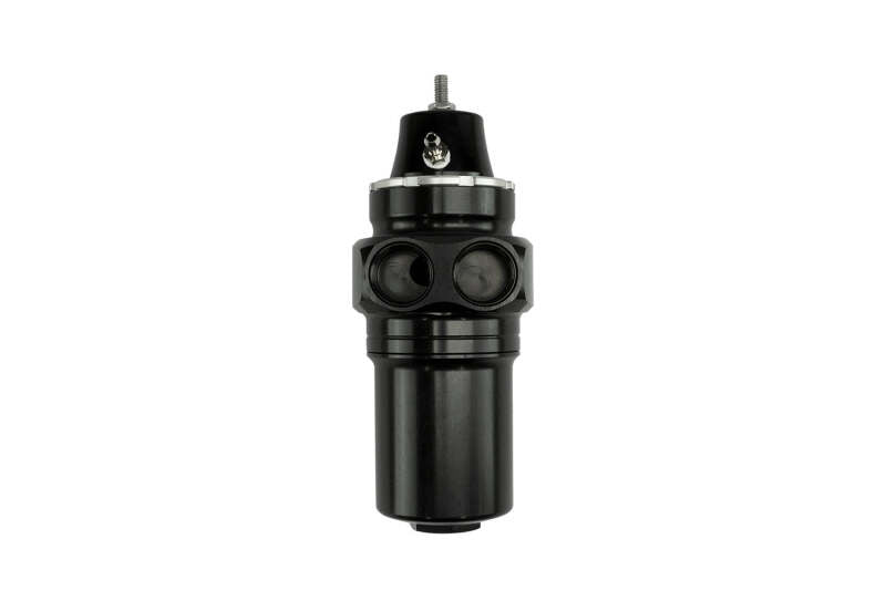 Turbosmart FPRF8 black fuel pressure regulator and filter with metal fittings and hoses for automotive fuel system.