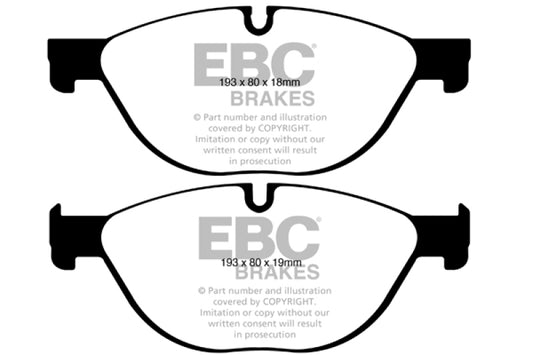 EBC Performance Greenstuff front brake pads for BMW 528 2.0 Turbo F10, high-performance brake pads with green friction material.
