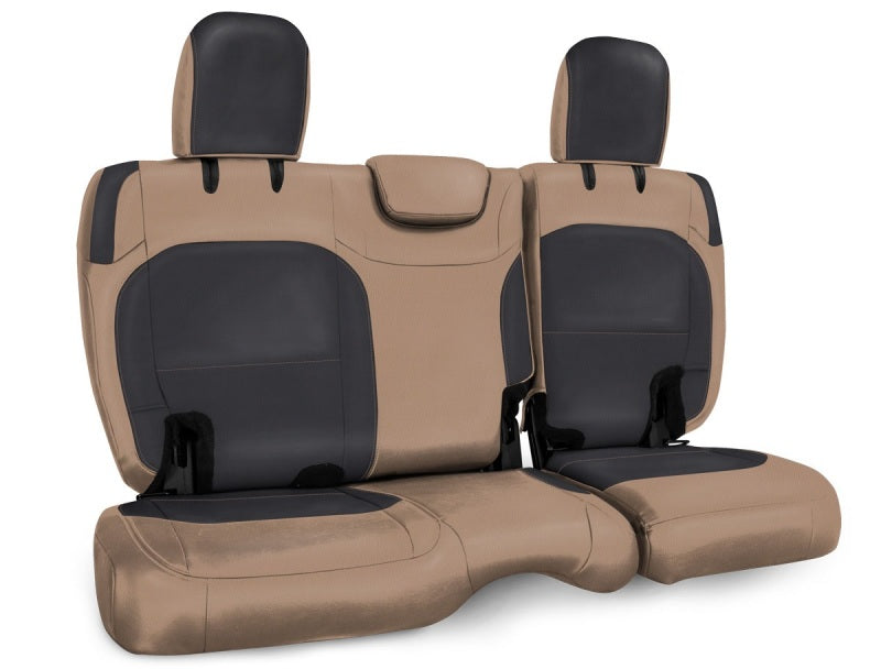 PRP Seats black and tan rear bench seat cover for Jeep Wrangler JLU 4-door with cloth interior, designed for protection and style.