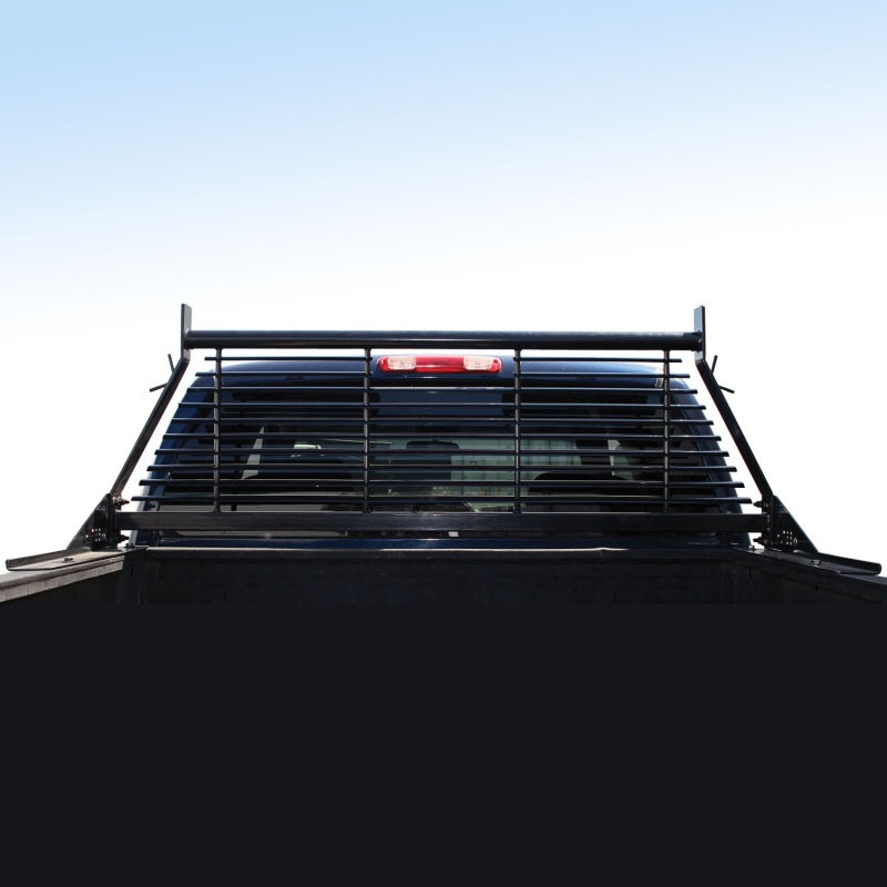 Black Westin headache rack installed on a Chevrolet, Ford, GMC, or Toyota Silverado or Sierra pickup truck, providing truck cab protection.