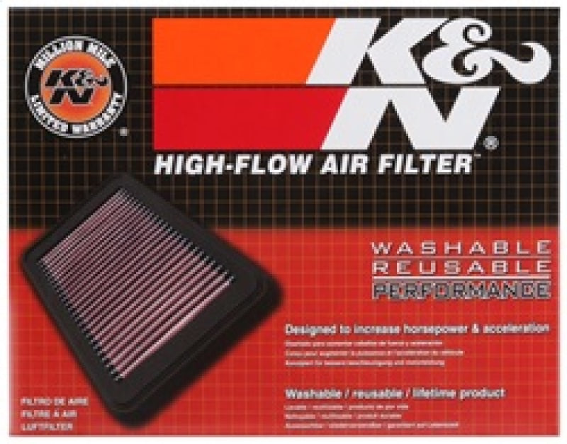 K&N Engineering 16-18 Chevrolet Spark 1.4L drop-in engine air filter showing pleated cotton filter media and rubber frame.