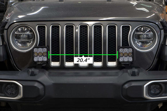 Diode Dynamics Jeep JL SS5 CrossLink bumper lightbar kit with sport combo, featuring LED light bars and cubes mounted on vehicle bumper.