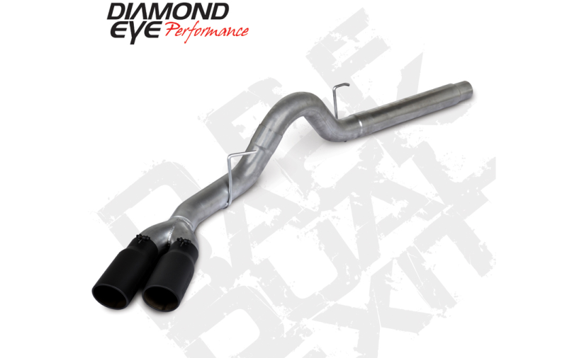 Diamond Eye Performance 4-inch 409SS DPF back exhaust kit with dual tips for Ford 3.0L Powerstroke F150, showing polished stainless steel pipes