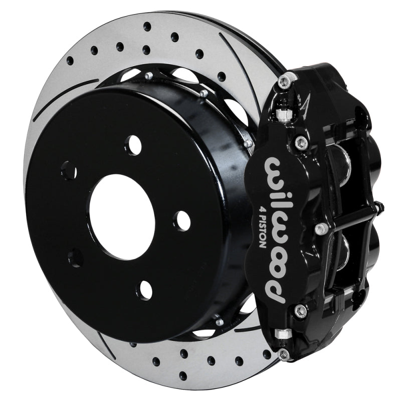 Wilwood 18-21 Jeep Wrangler rear brake kit with 13.50-inch Superlite rotors, black calipers, and brake lines for big brake upgrade.