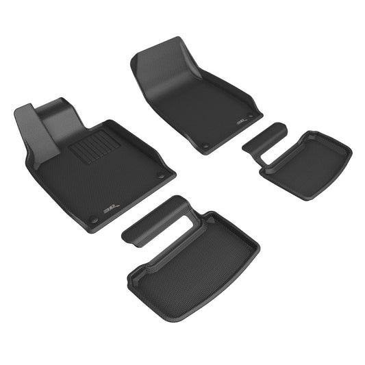 Black 3D MAXpider rubber floor mats for Porsche Taycan 2021-2023, featuring custom fit and textured surface.