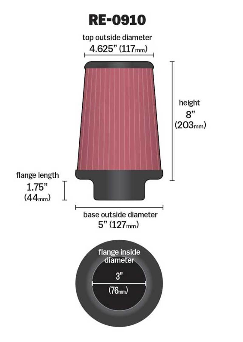 K&N universal rubber air filter with 3-inch flange, 5-inch outer diameter, 4-5/8 inch top outer diameter, and 8-inch height