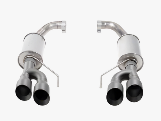 Roush 18-25 Mustang GT black tip axle back exhaust system showing polished tips and sleek black finish on the exhaust pipes