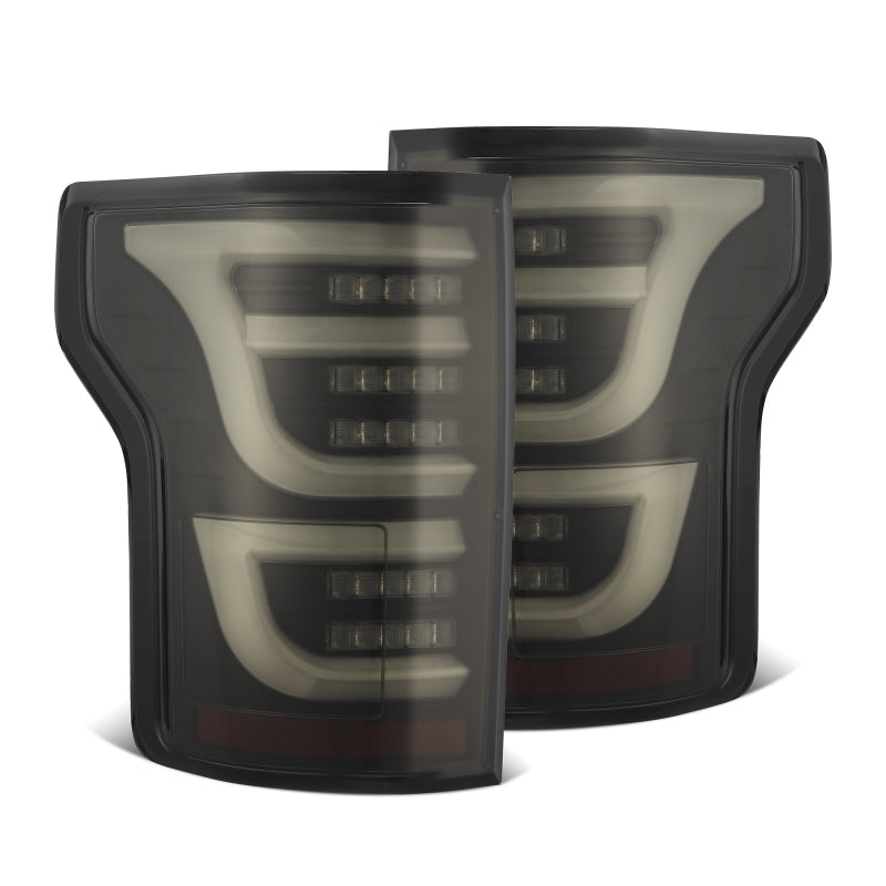 AlphaRex Luxx-Series LED tail lights for Ford F150 2015-2020 in black, featuring sleek design and high visibility.