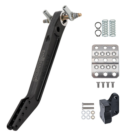 Wilwood dual brake pedal kit with adjustable ratio 5.5-6.25:1, featuring a trunnion for reverse mounting and pedal replacement.