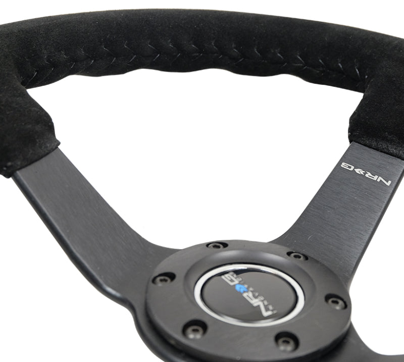 NRG reinforced 350mm black suede steering wheel with basketball stitch and 5mm matte black spoke, 3-inch deep design.