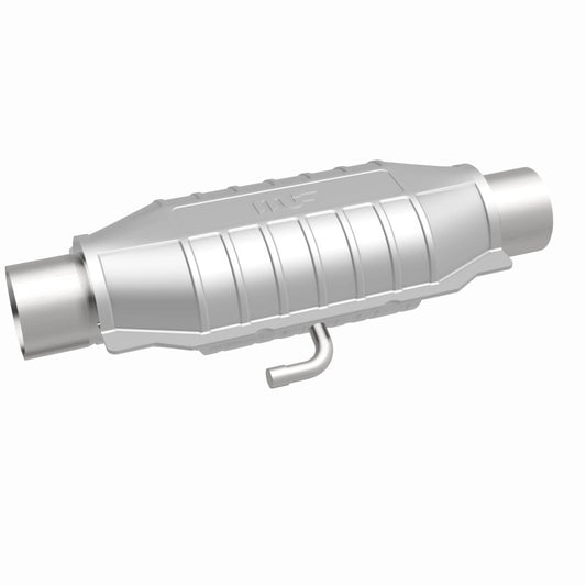 MagnaFlow universal catalytic converter 2.5-inch T2 rear view showing metal body and inlet and outlet pipes for vehicle exhaust system.