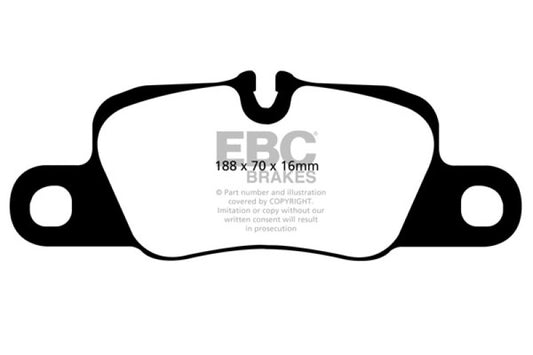 EBC performance cast iron rear brake rotor and red brake pads for Porsche 911 (991) 3.8 Carrera S, showcasing the brake components.