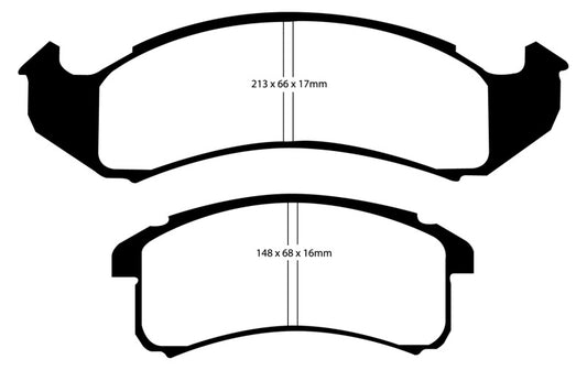 EBC Redstuff performance front brake pads for 94-99 Buick Le Sabre 3.8 FWD, showing the brake pad set with red friction material