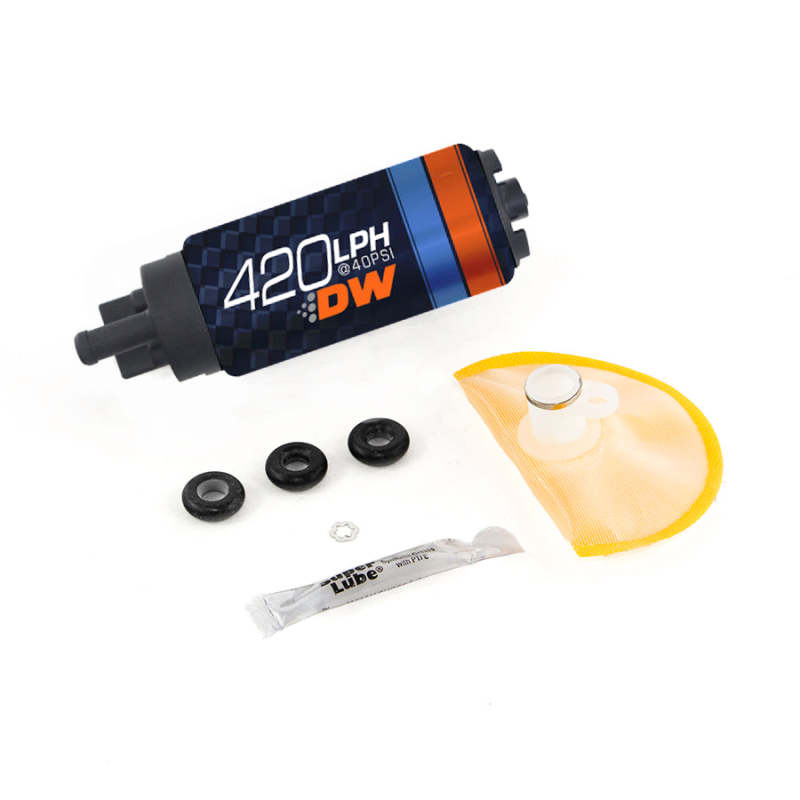 DeatschWerks DW420 Series 420lph in-tank fuel pump with install kit for G35 and 350Z models, shows pump and installation components.