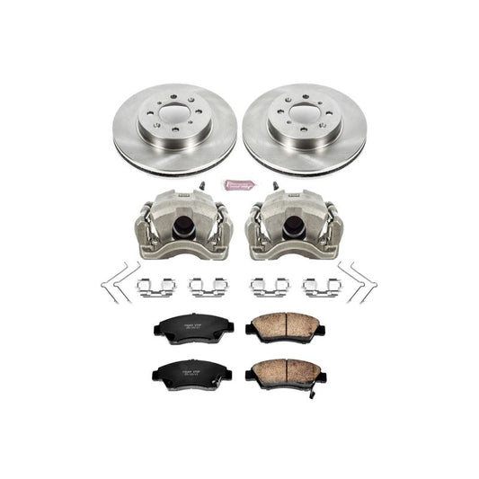 PowerStop OE front brake kit with calipers for 2003-2005 Honda Civic, featuring brake rotors and components.