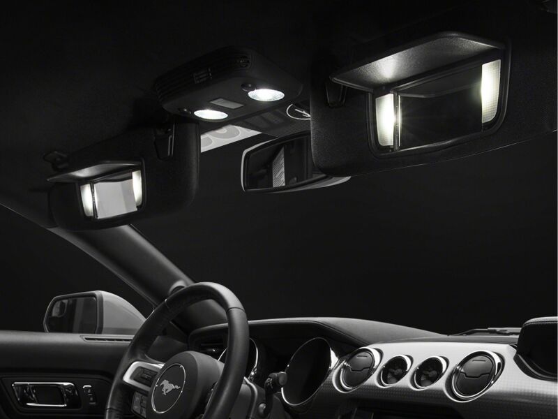 Raxiom Ford Mustang Interior LED Lighting Kit in cool white, stage 1 axial series, installed inside the car cabin.