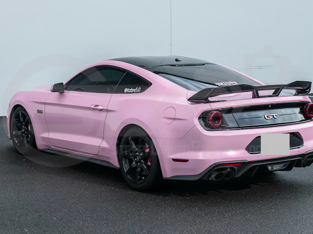 Ford Mustang Dark Horse style carbon fiber rear wickerbill spoiler wing for 2015-2023 model, showing the sleek aerodynamic design.