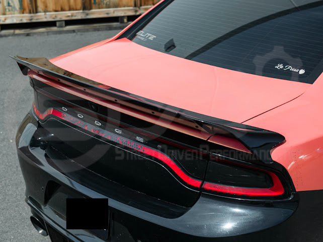 Dodge Charger SRT Hellcat Redeye style rear trunk wing spoiler in matte black on a 2015-2023 model.
