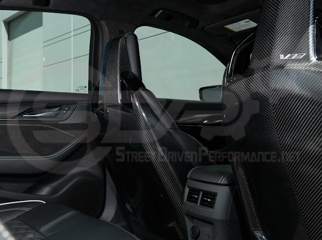 Pair of carbon fiber seat back panels for Cadillac CT5-V and Blackwing, driver and passenger side interior trim replacement.
