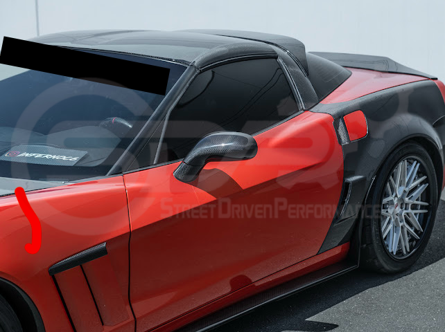 Set of four dry carbon fiber side mirror cap covers for 2005-2013 Chevy Corvette C6 by Street Driven Performance, tape-on installation.