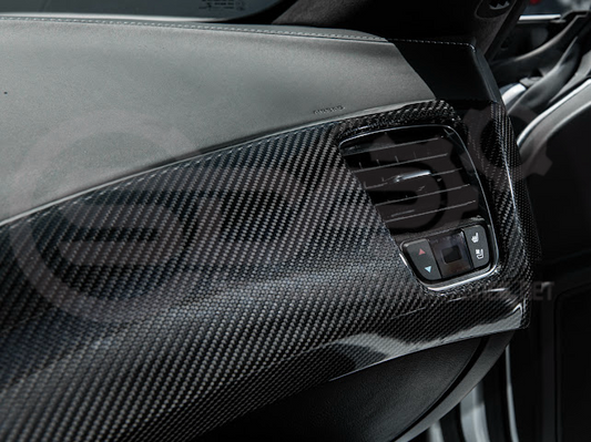 Dry carbon fiber passenger side dashboard air duct vent panel cover for Chevrolet Corvette C7 (2014-2019) interior trim.