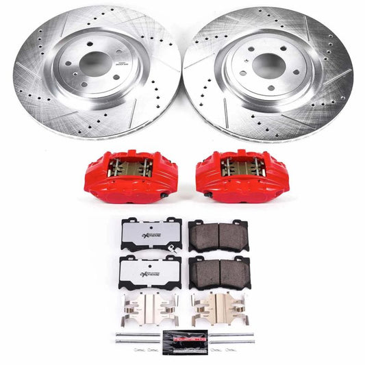 PowerStop Nissan 370Z front Z26 street brake kit with performance brake calipers, rotors, and pads for enhanced stopping power.