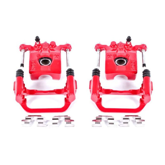 Pair of PowerStop rear red brake calipers with brackets for Nissan Altima 2002-2006, performance brake calipers for enhanced stopping power.