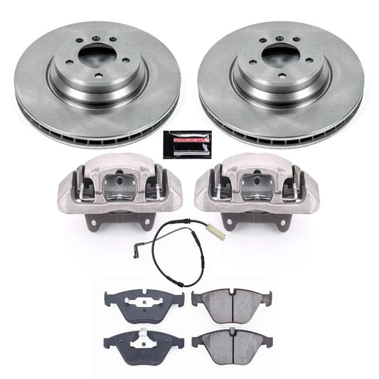 PowerStop OE front brake calipers for BMW 335i 2007-2009 with Autospecialty caliper kit, showing detailed metal components.