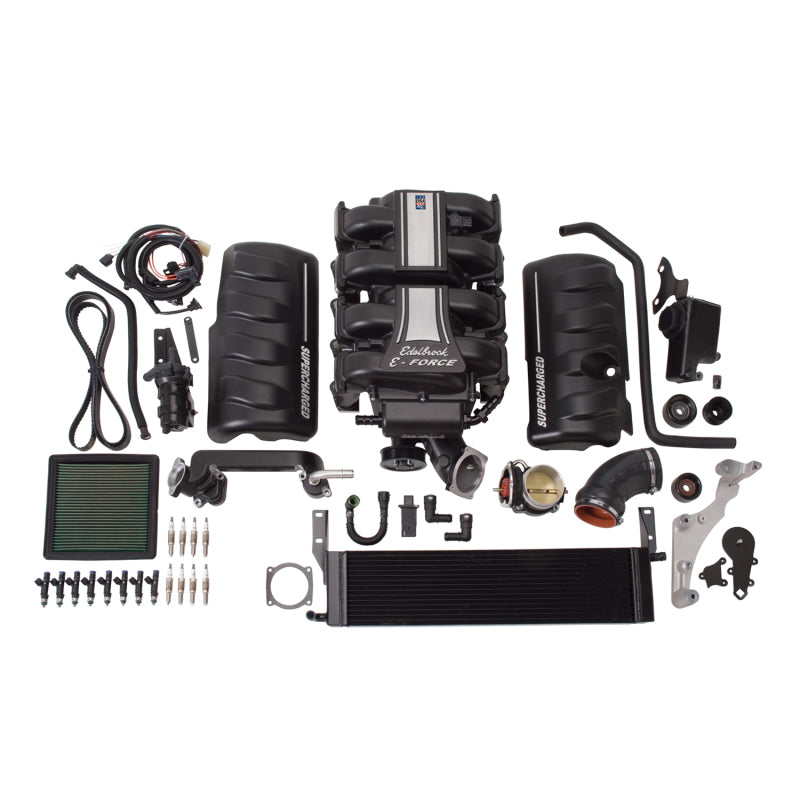 Edelbrock Supercharger Stage 1 street kit for 2005-2009 Ford Mustang 4.6L 3V engine, with visible supercharger components and hoses.
