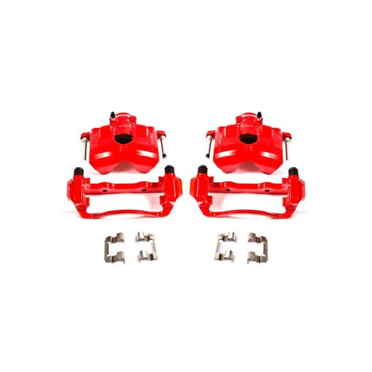 Pair of PowerStop red front brake calipers with brackets for Ford Focus 2008-2011, performance automotive brake replacement.