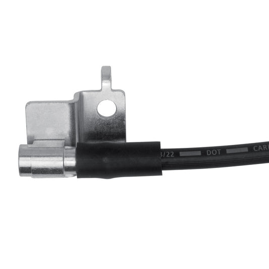DFC Ford Mustang front left brake hose from the brake line kit, showing the flexible rubber and metal fittings for improved braking.
