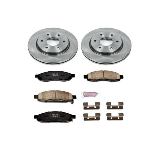 PowerStop OE brake kit for 2005-2007 Infiniti QX56 front brakes with rotors and pads, installed on the vehicle.