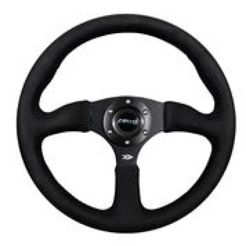 NRG reinforced steering wheel with black Alcantara grip, 350mm diameter, 2.5-inch deep, matte black spokes, comfort design.