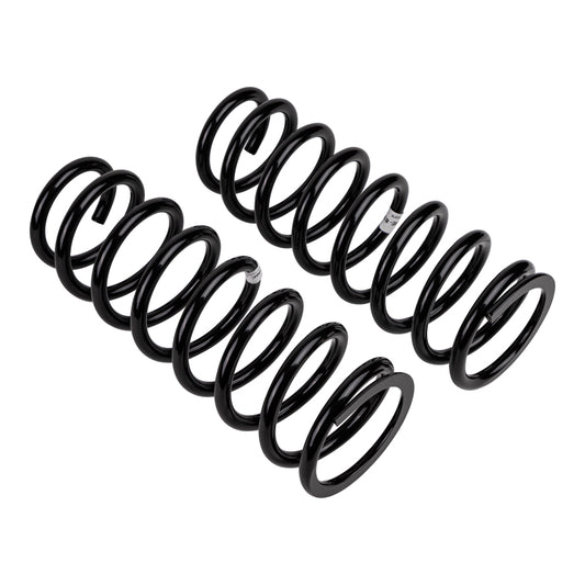 Old Man Emu coilover springs for front ARB/OEM coil spring suspension on Land Cruiser RJ70 HD, showing the spring's coils and branding.
