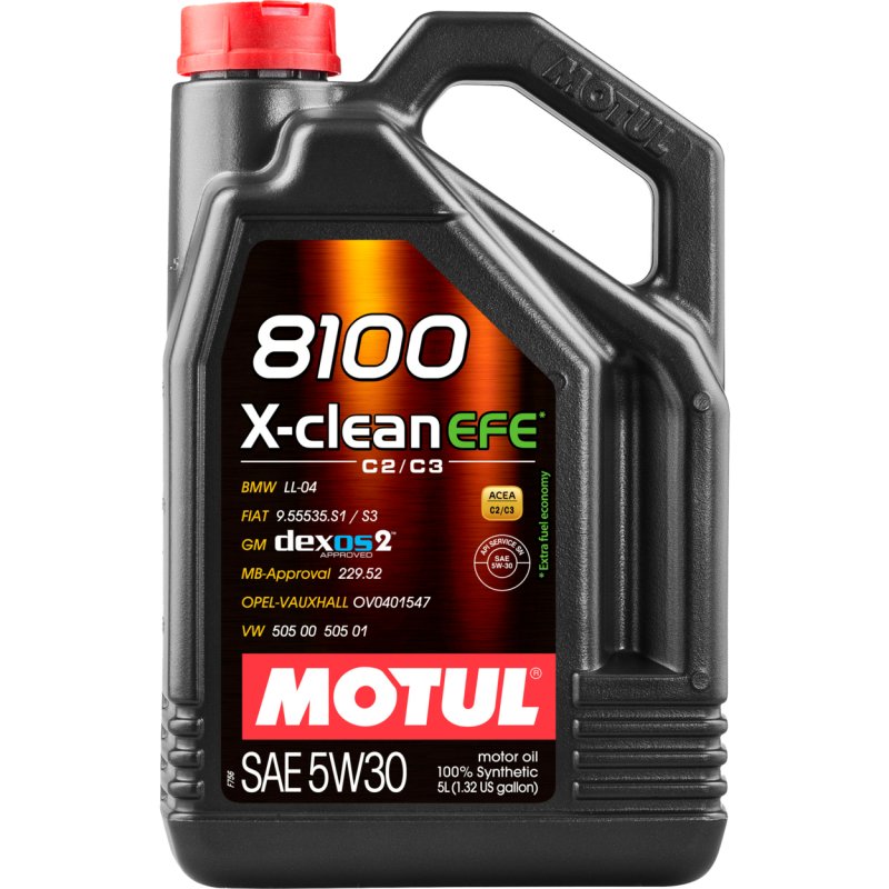 Motul 5L Synthetic Engine Oil 8100 X-Clean 5W30 container, ideal for motor oils and vehicle engine lubrication.