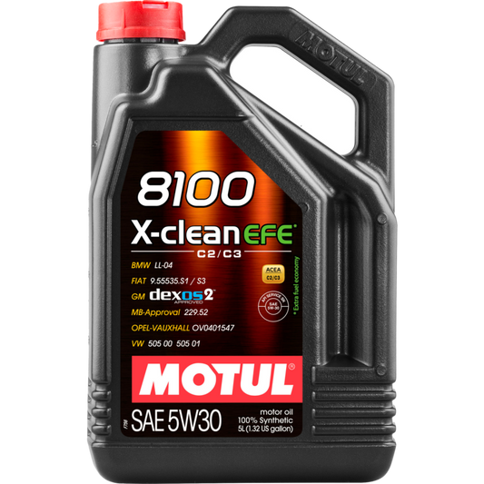 Motul 5L Synthetic Engine Oil 8100 X-Clean 5W30 container, ideal for motor oils and vehicle engine lubrication.