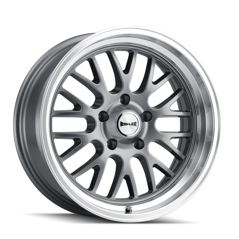 Ridler 607 18x9.5 cast wheel in gloss grey with machined accents, 5x120.65 bolt pattern, 6mm offset, and 83.82mm hub.