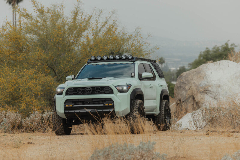 DV8 Offroad Toyota 4Runner exterior window Molle panel for DV8 roof rack, driver side, mounted on vehicle window trim.