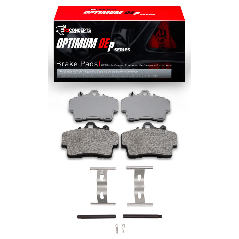 R1 Concepts brake pads and hardware kit for Porsche Boxster 1997-2008, front OE brake pads with hardware installation components.