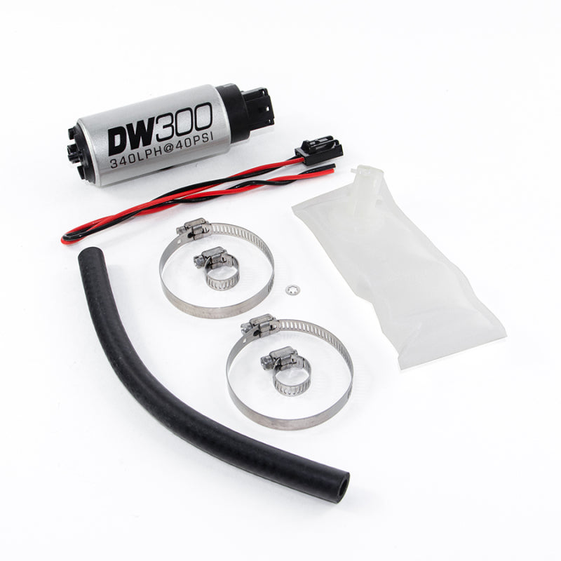 DeatschWerks 340 LPH in-tank fuel pump for Nissan 300ZX and Skyline, with install kit and pump components visible.
