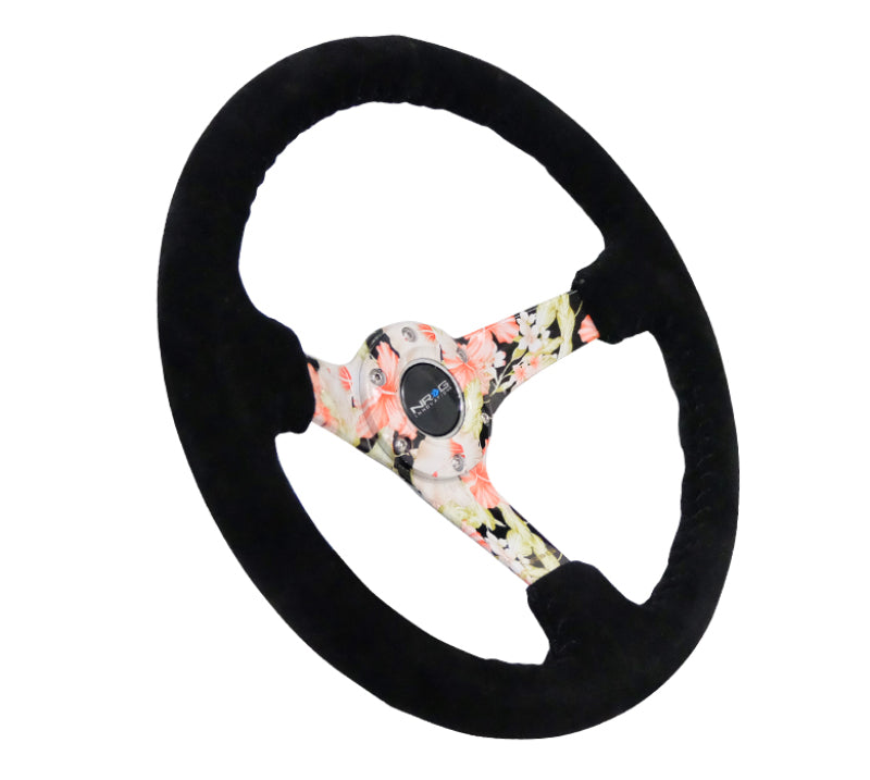 NRG reinforced steering wheel with 350mm black suede floral dipped grip and black baseball stitching for cars.