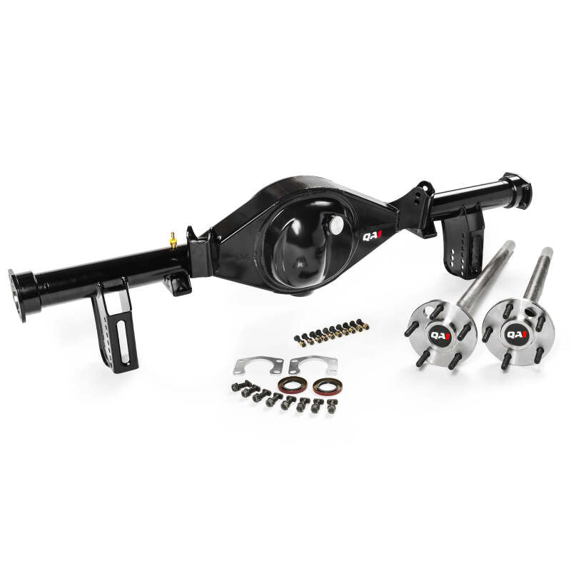 QA1 Ford Mustang 9-inch narrowed rear axle assembly with shocks and struts for 1967-1969 F and 1968-1972 X body models, shown in image.