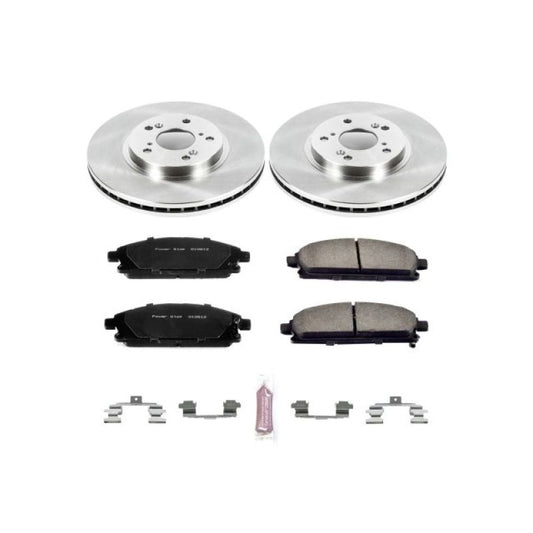 PowerStop OE front brake kit for 2003-2006 Acura MDX, including brake rotors and pads, shown on a vehicle.