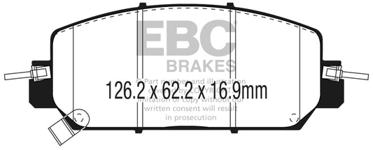 EBC Greenstuff front brake pads for Honda Clarity Fuel Cell 2017+ performance brake system, shown with metal backing and friction material